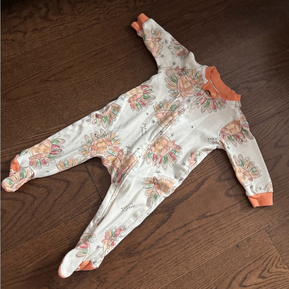 Burt's Bees Baby Cream Floral Turkey Footed One-Piece with Orange Trim